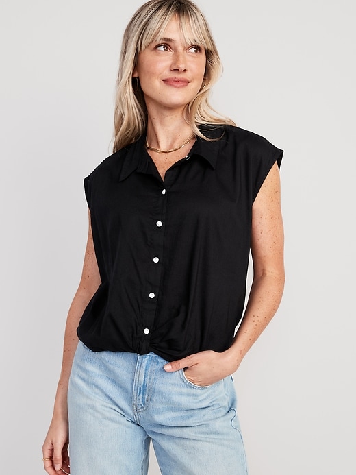 Image number 1 showing, Dolman-Sleeve Twist-Front Button-Down Shirt