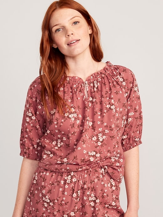 Image number 1 showing, Puff-Sleeve Floral Swing Blouse