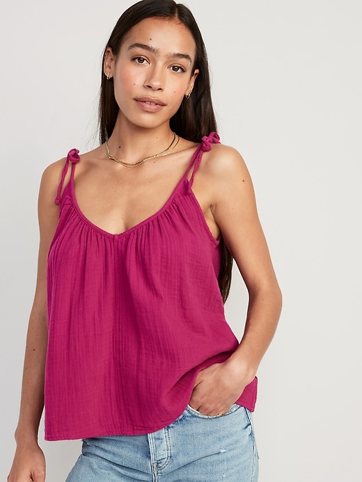 Image number 1 showing, Tie-Shoulder Double-Weave Cami Swing Top for Women
