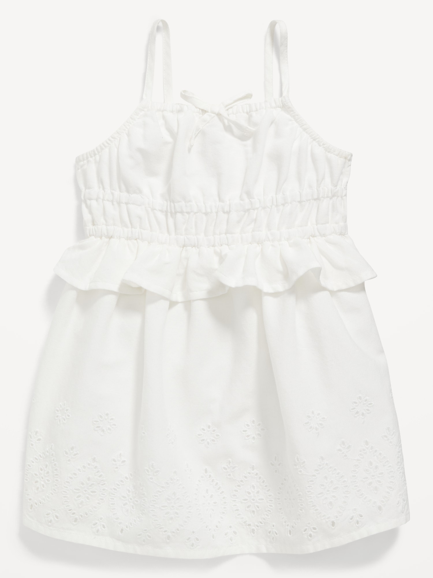Old Navy Sleeveless Waist-Defined Embroidered Ruffled Dress for Baby white. 1