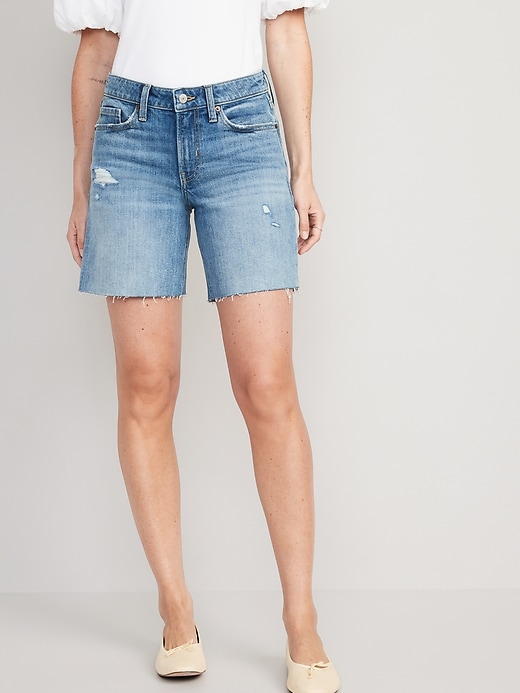 Image number 1 showing, Mid-Rise OG Loose Ripped Cut-Off Jean Shorts -- 7-inch inseam
