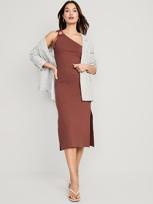 Fitted One-Shoulder Double-Strap Rib-Knit Midi Dress | Old Navy