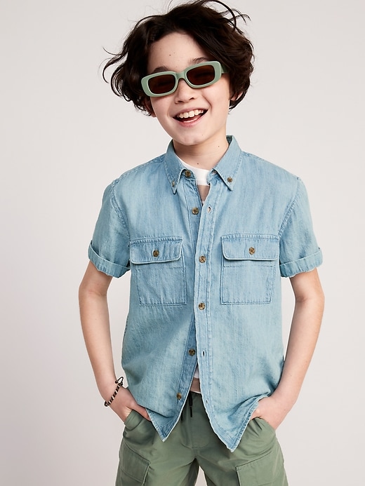 View large product image 1 of 3. Short-Sleeve Utility Pocket Jean Shirt for Boys