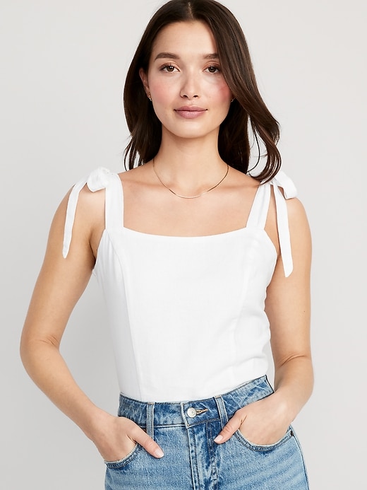 Image number 1 showing, Fitted Linen-Blend Tie-Shoulder Cropped Corset Cami Top