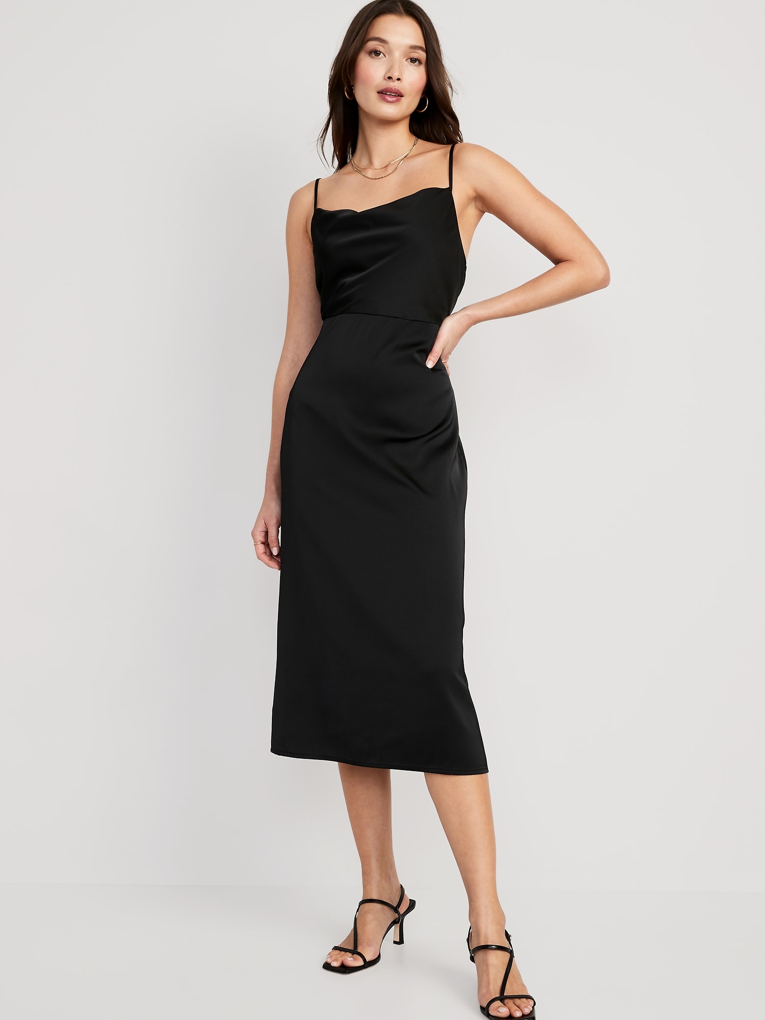 Old Navy Cowl-Neck Satin Midi Slip Dress for Women black. 1
