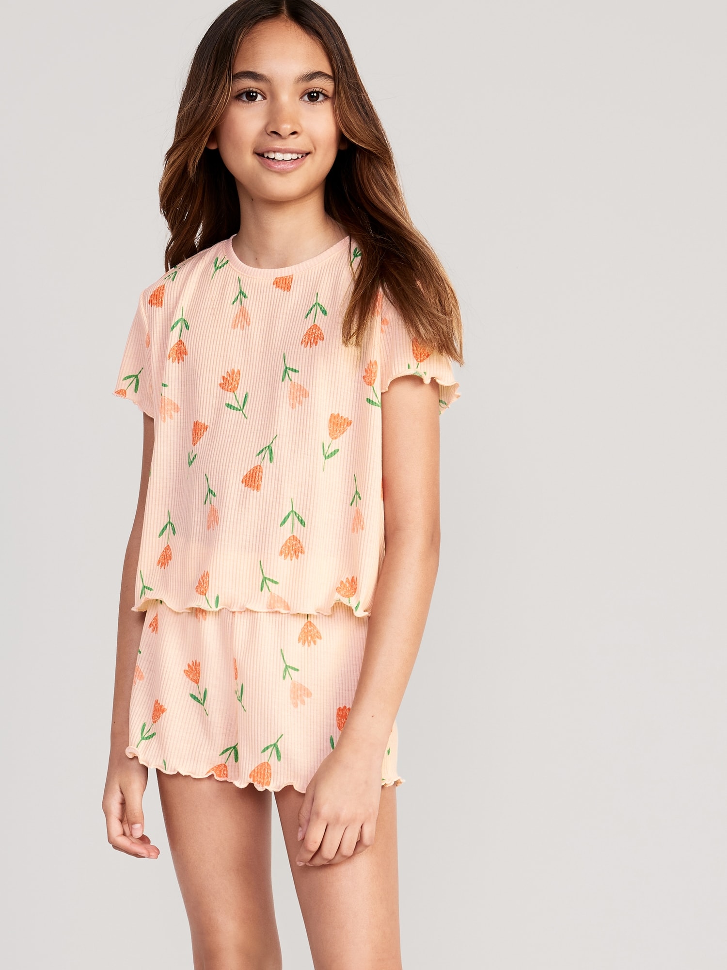 Old Navy Rib-Knit Lettuce-Edge Pajama T-Shirt & Shorts Set for Girls pink. 1