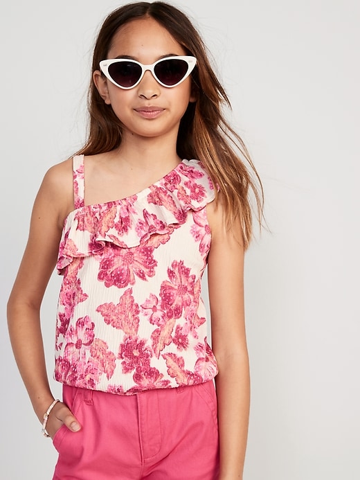 View large product image 1 of 4. Ruffled Puckered-Jacquard Knit One-Shoulder Top for Girls