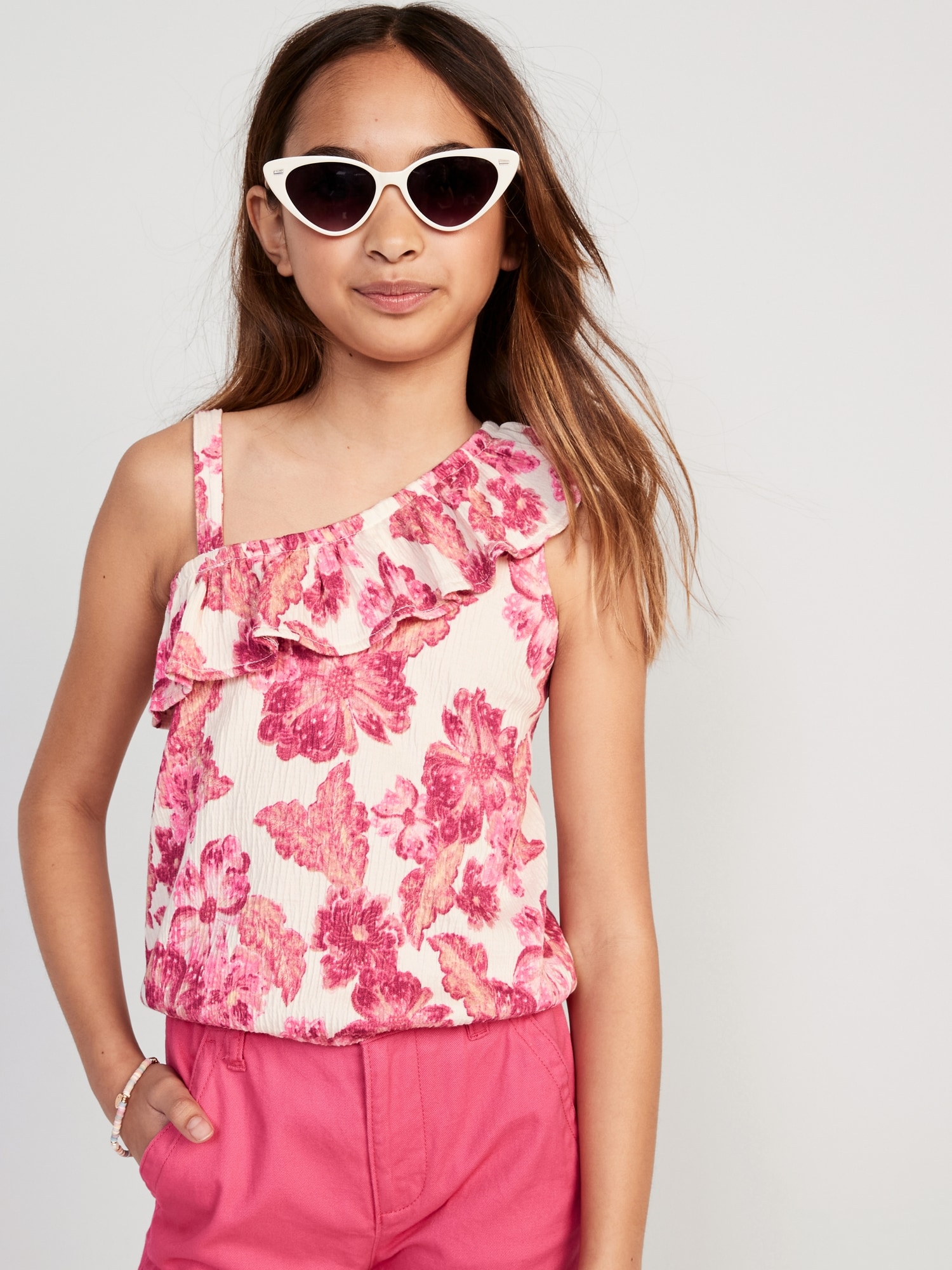 Old Navy Ruffled Puckered-Jacquard Knit One-Shoulder Top for Girls pink. 1