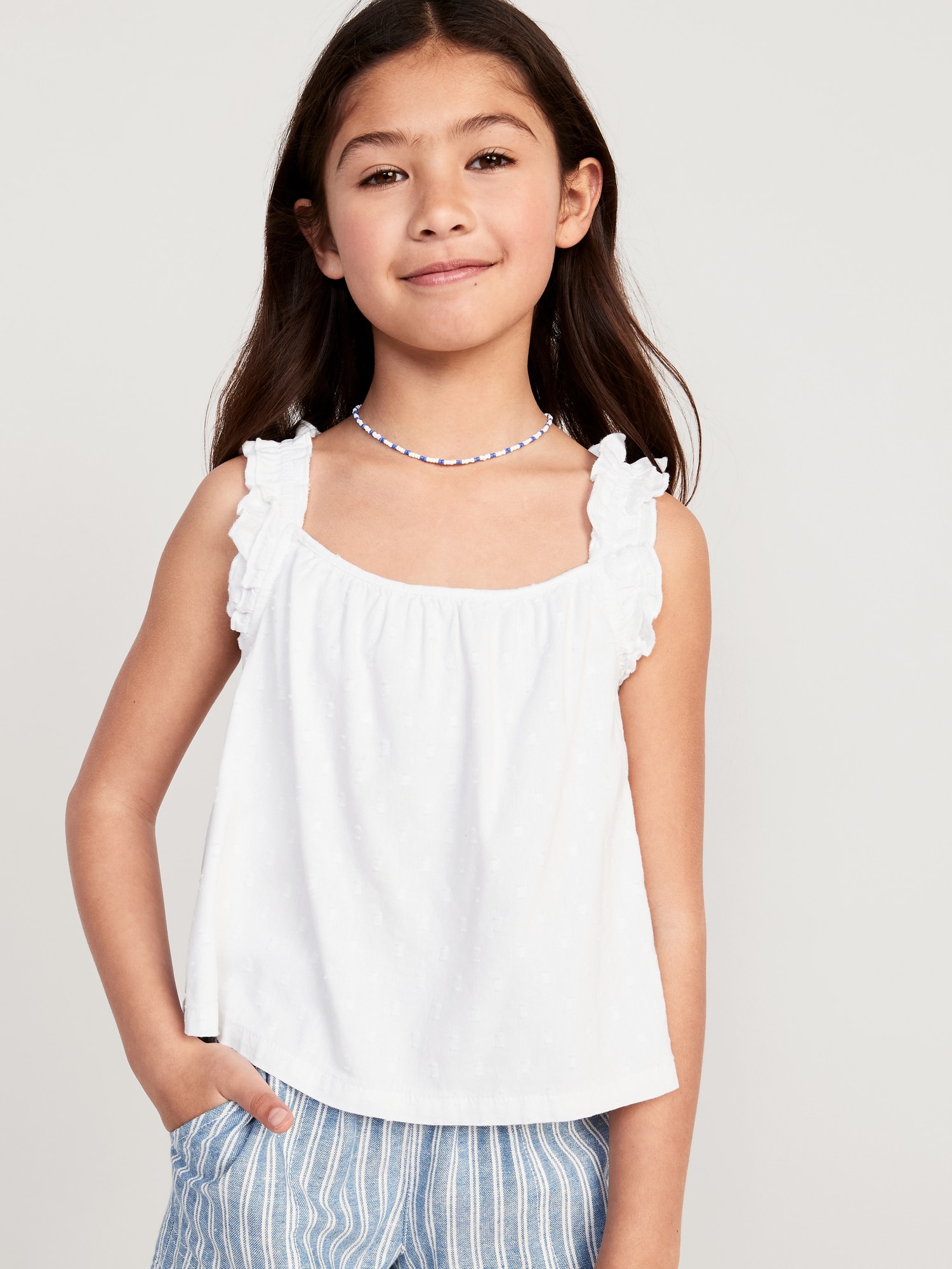 Old Navy Sleeveless Ruffled Textured-Dobby Swing Top for Girls white. 1