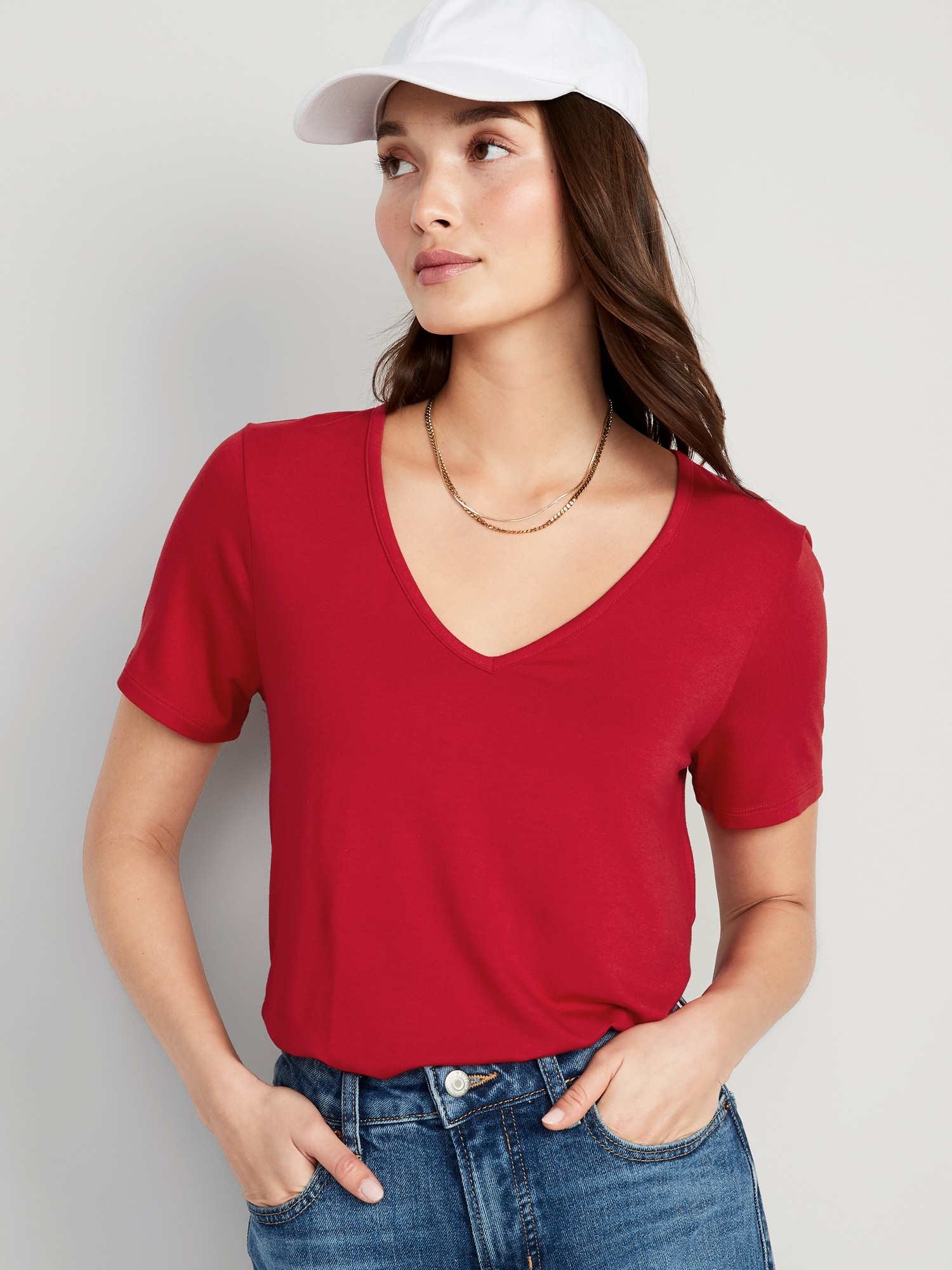 Old Navy Luxe V-Neck T-Shirt for Women red. 1