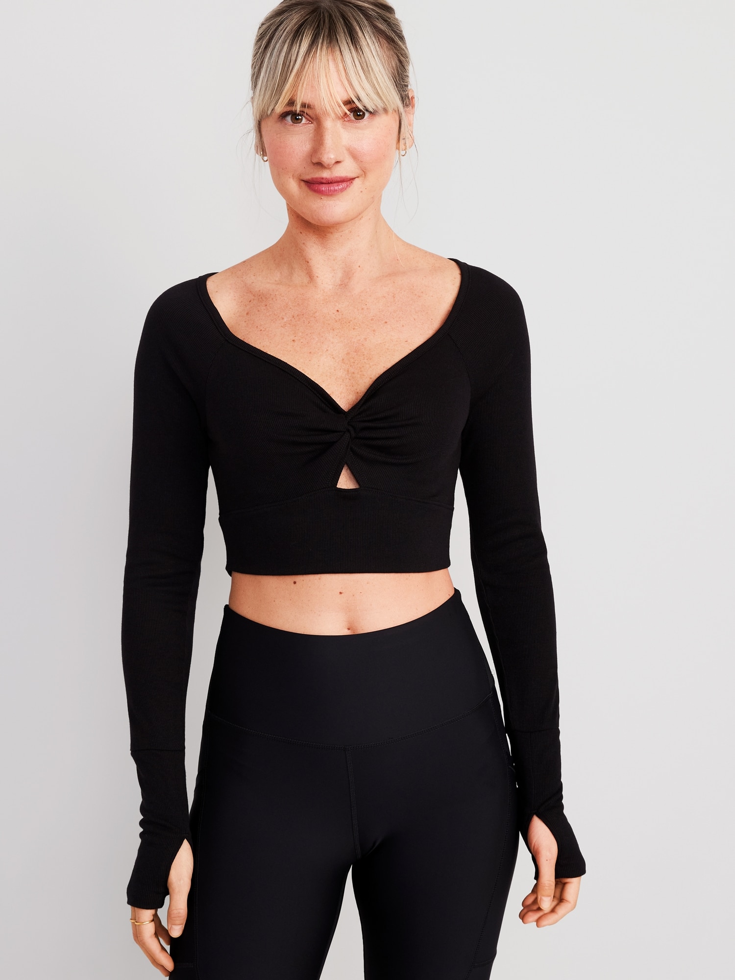 Old Navy UltraLite Rib-Knit Cropped Twist-Front Shrug Top for Women black. 1