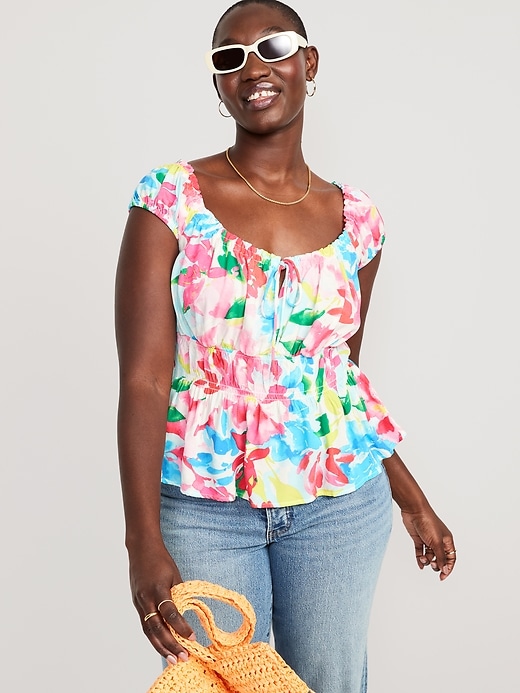 Image number 3 showing, Fitted Cap-Sleeve Smocked Crepe Top