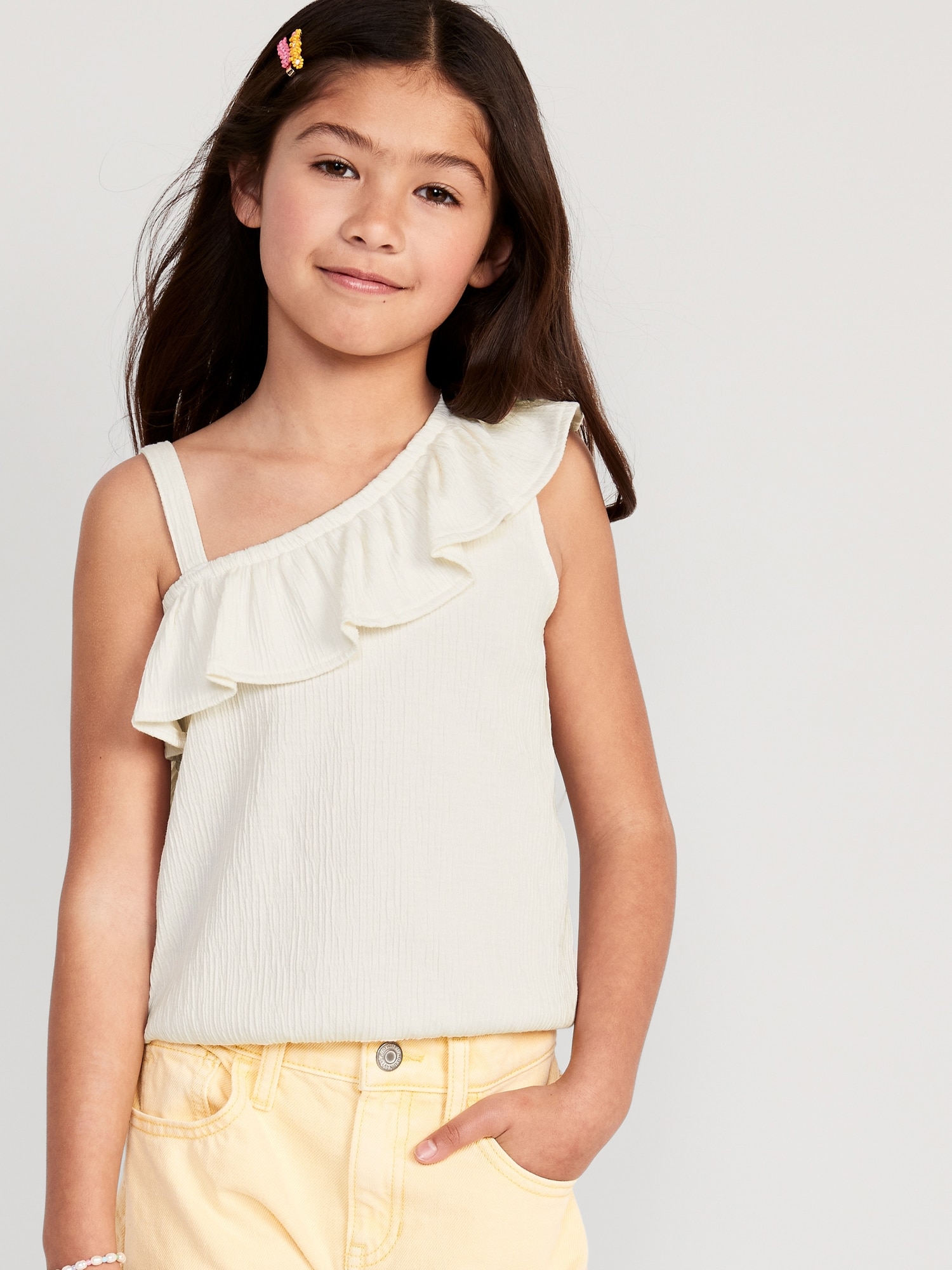 Old Navy Ruffled Puckered-Jacquard Knit One-Shoulder Top for Girls white. 1