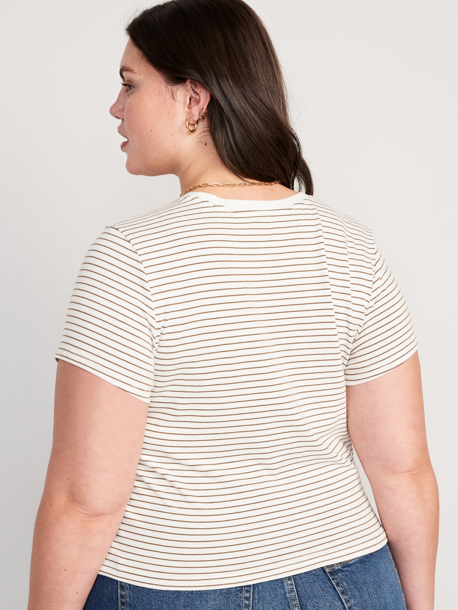 Striped Slim-Fit Cropped T-Shirt for Old Women | Navy