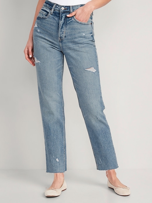Image number 1 showing, Extra High-Waisted Button-Fly Cut-Off Straight Jeans