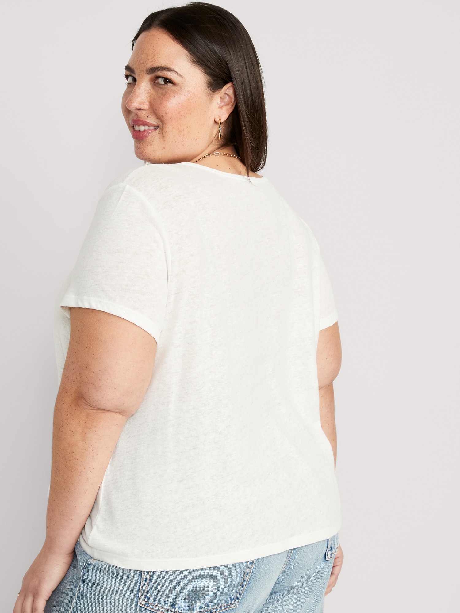 Linen-Blend V-Neck Henley T-Shirt for Women | Old Navy