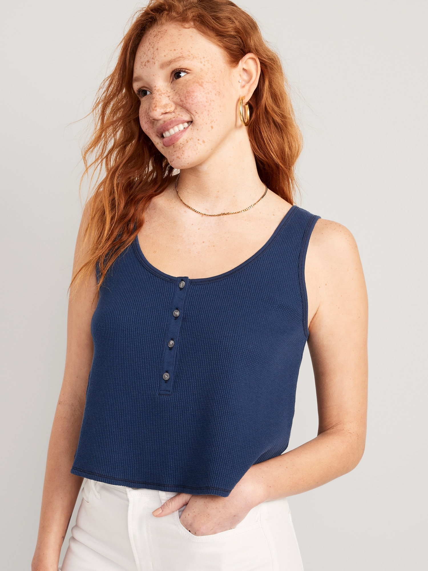 Thermal-Knit Cropped Henley Tank Top