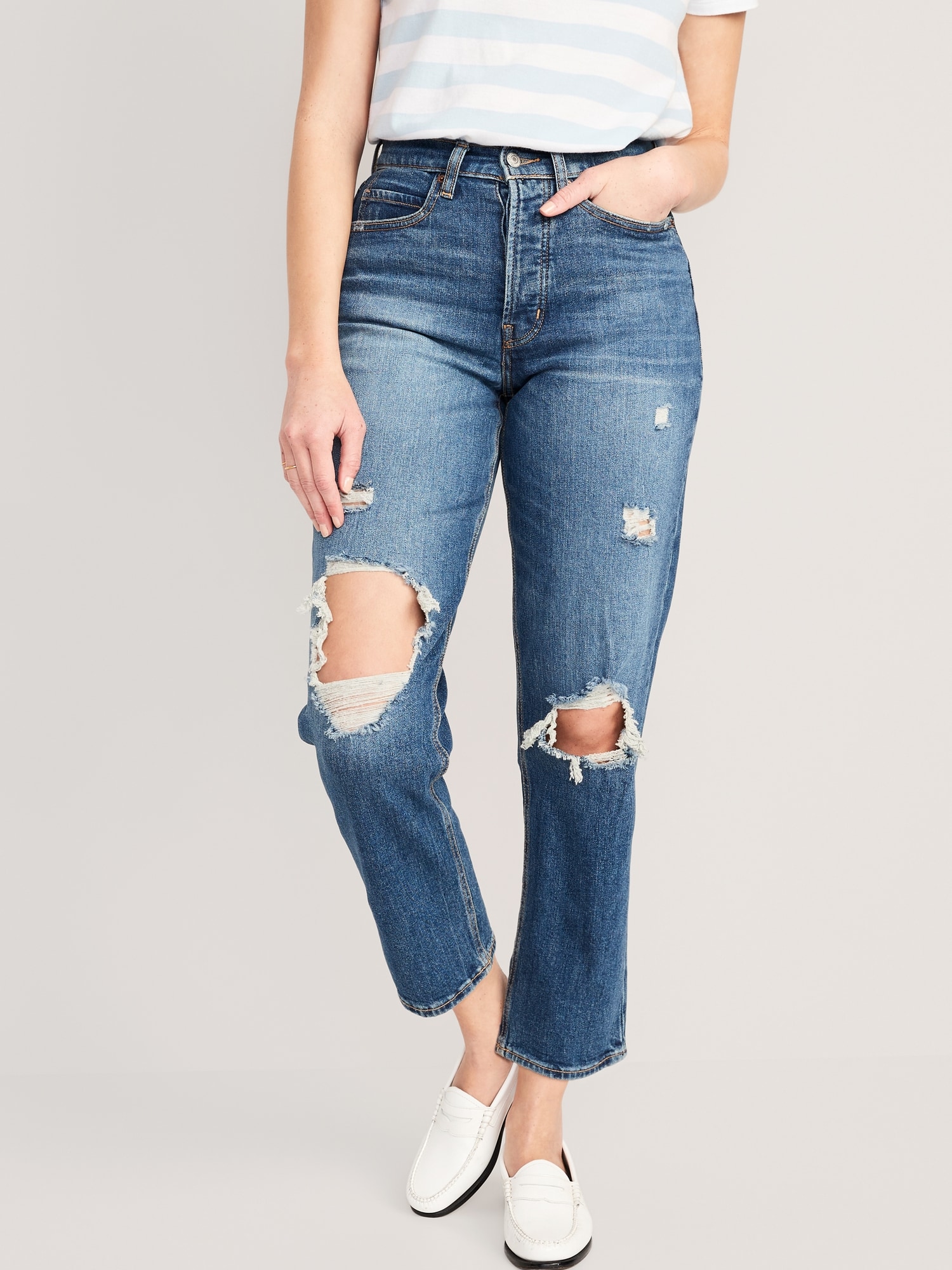Oldnavy Curvy Extra High-Waisted Sky-Hi Straight Button-Fly Ripped Jeans for Women
