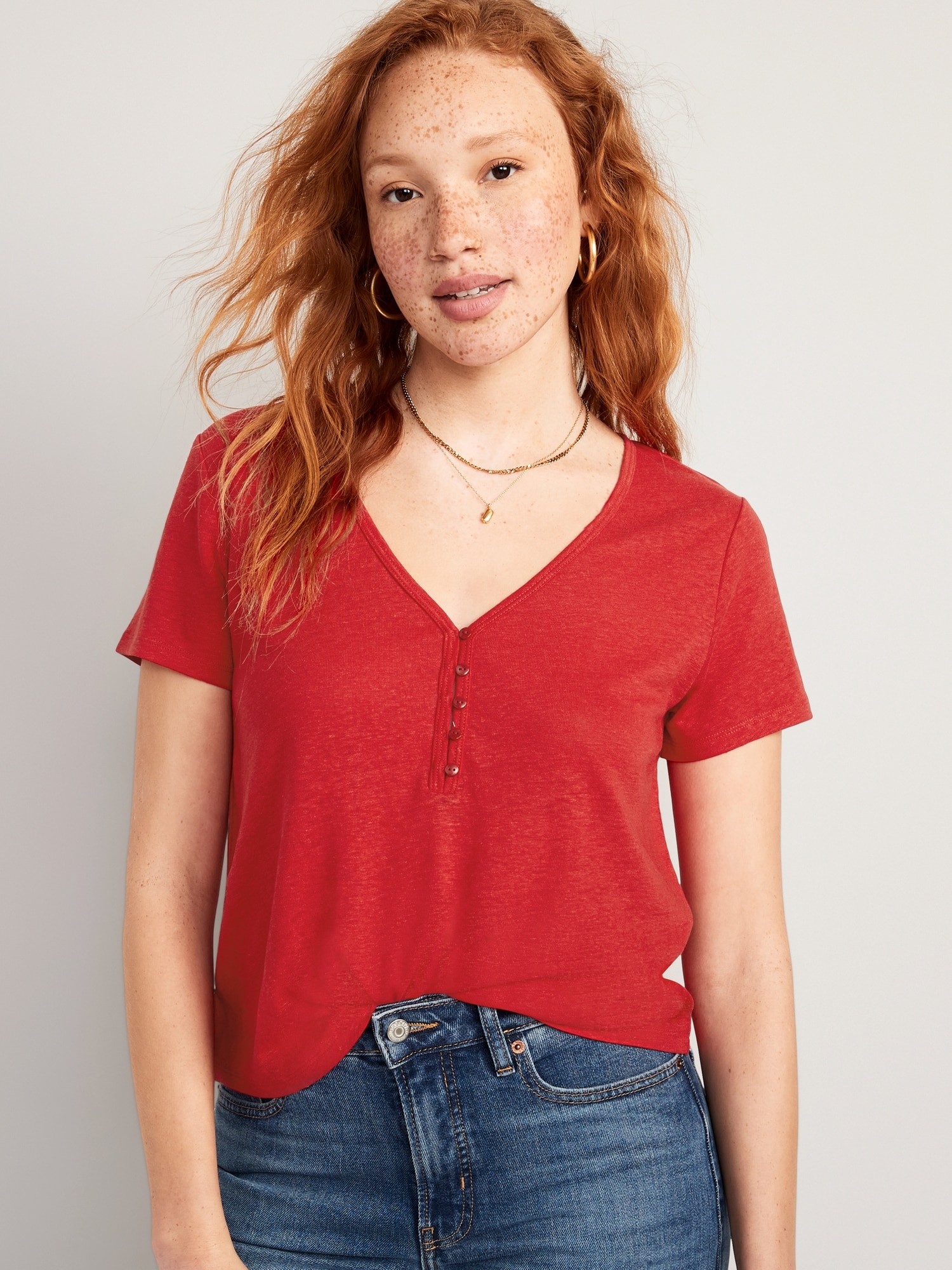 Old Navy Linen-Blend V-Neck Henley T-Shirt for Women red. 1