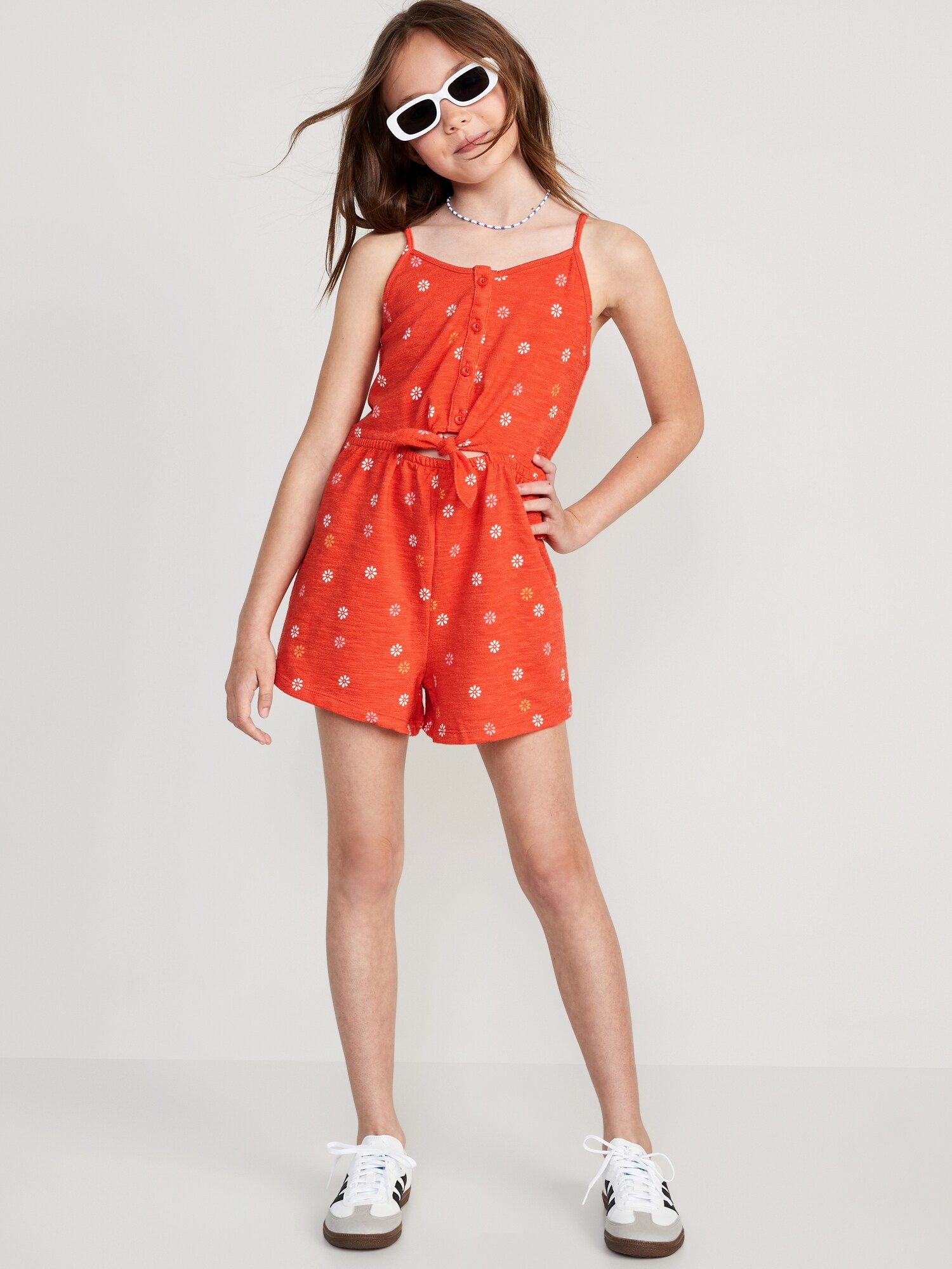 Old Navy Printed Tie-Front Keyhole Cami Romper for Girls red. 1