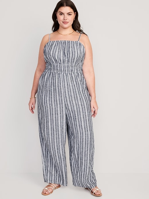 Striped Linen-Blend Cropped Smocked Cami Wide-Leg Jumpsuit for Women ...
