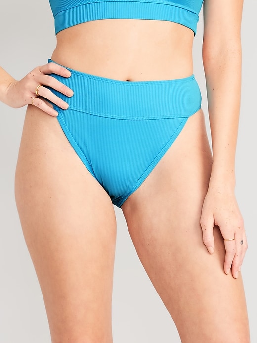 Image number 1 showing, High-Waisted Ribbed French-Cut Bikini Swim Bottoms