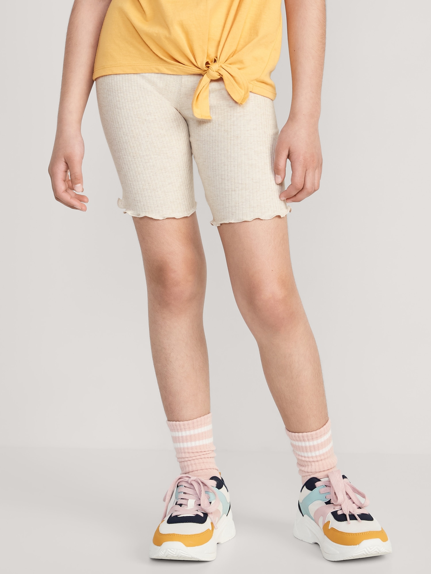 Old Navy Rib-Knit Lettuce-Edged Long Biker Shorts for Girls beige. 1
