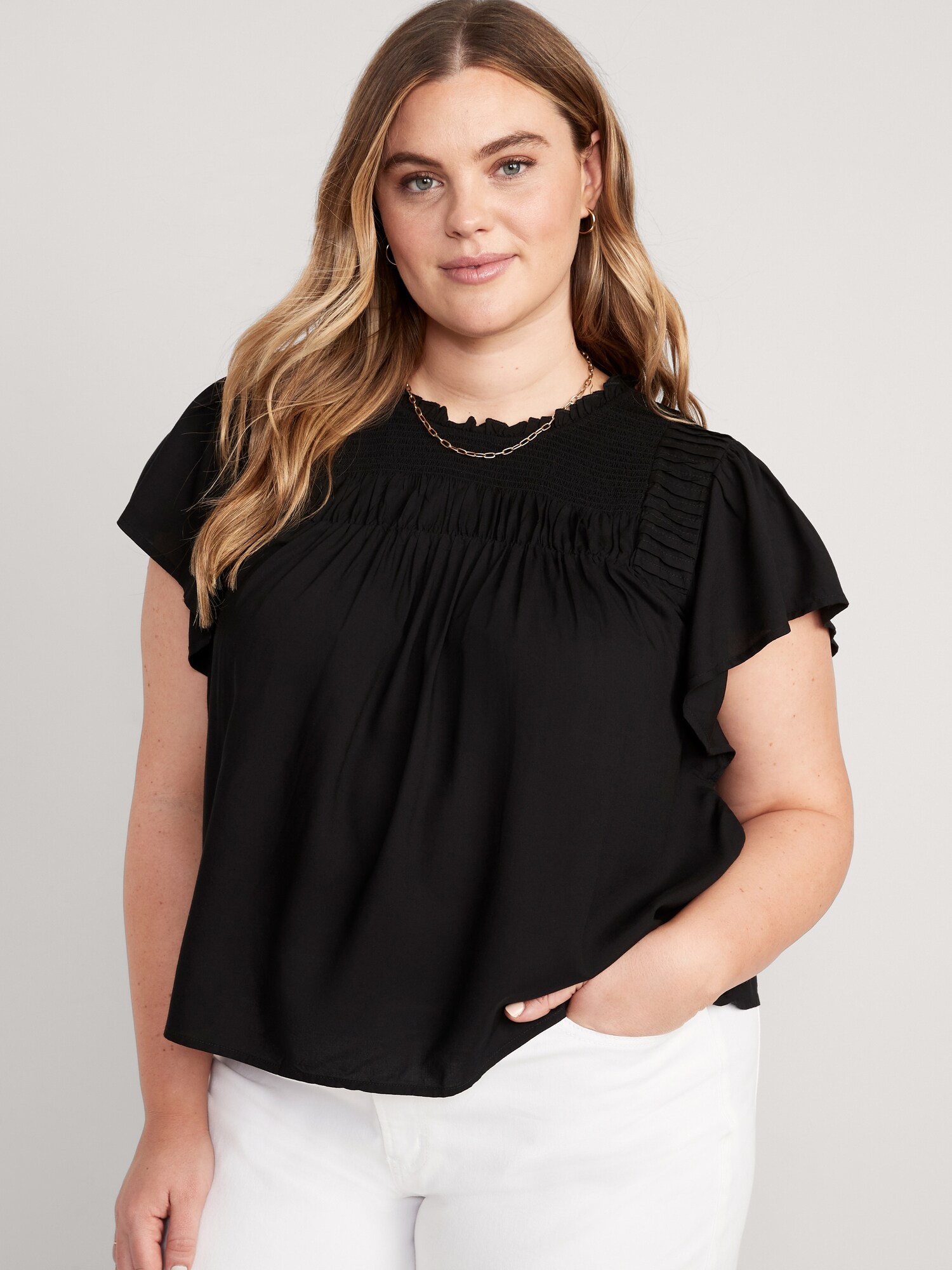 Flutter-Sleeve Smocked Pintucked Swing Blouse | Old Navy