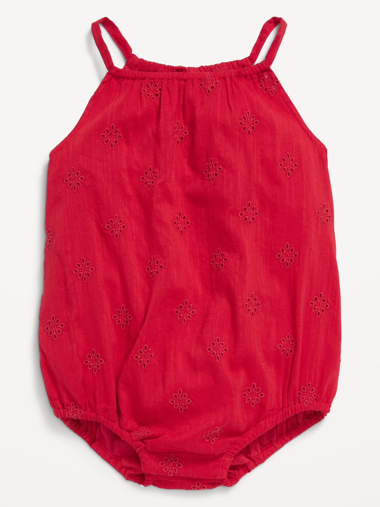 Old Navy Sleeveless Embroidered Floral Eyelet One-Piece Romper for Baby red. 1