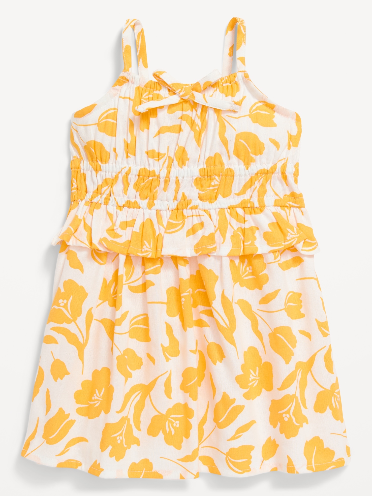 Old Navy Printed Sleeveless Smocked Ruffle-Trim Dress for Baby yellow. 1