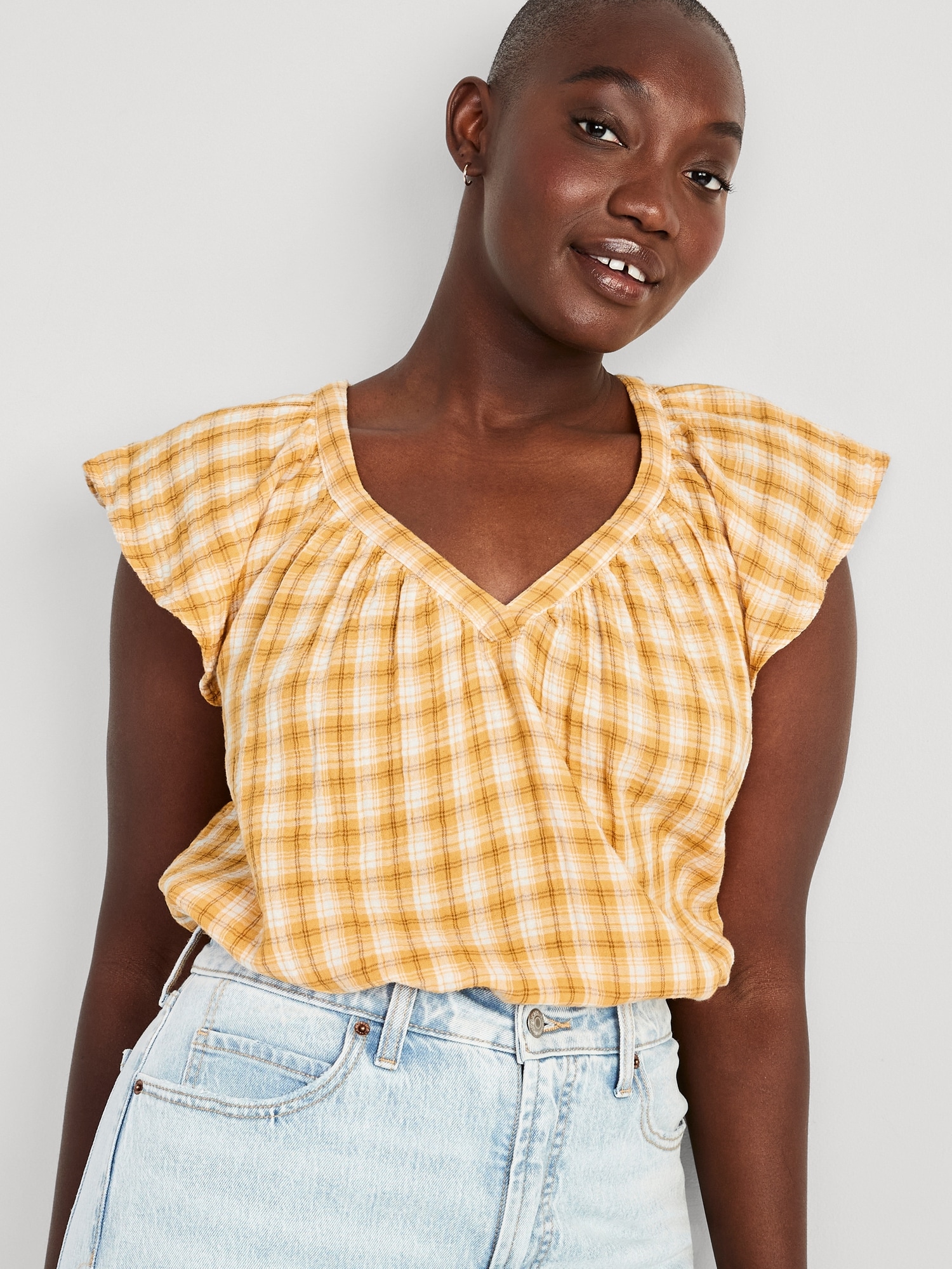 Loose Check-Pattern Flutter-Sleeve Top for Women | Old Navy
