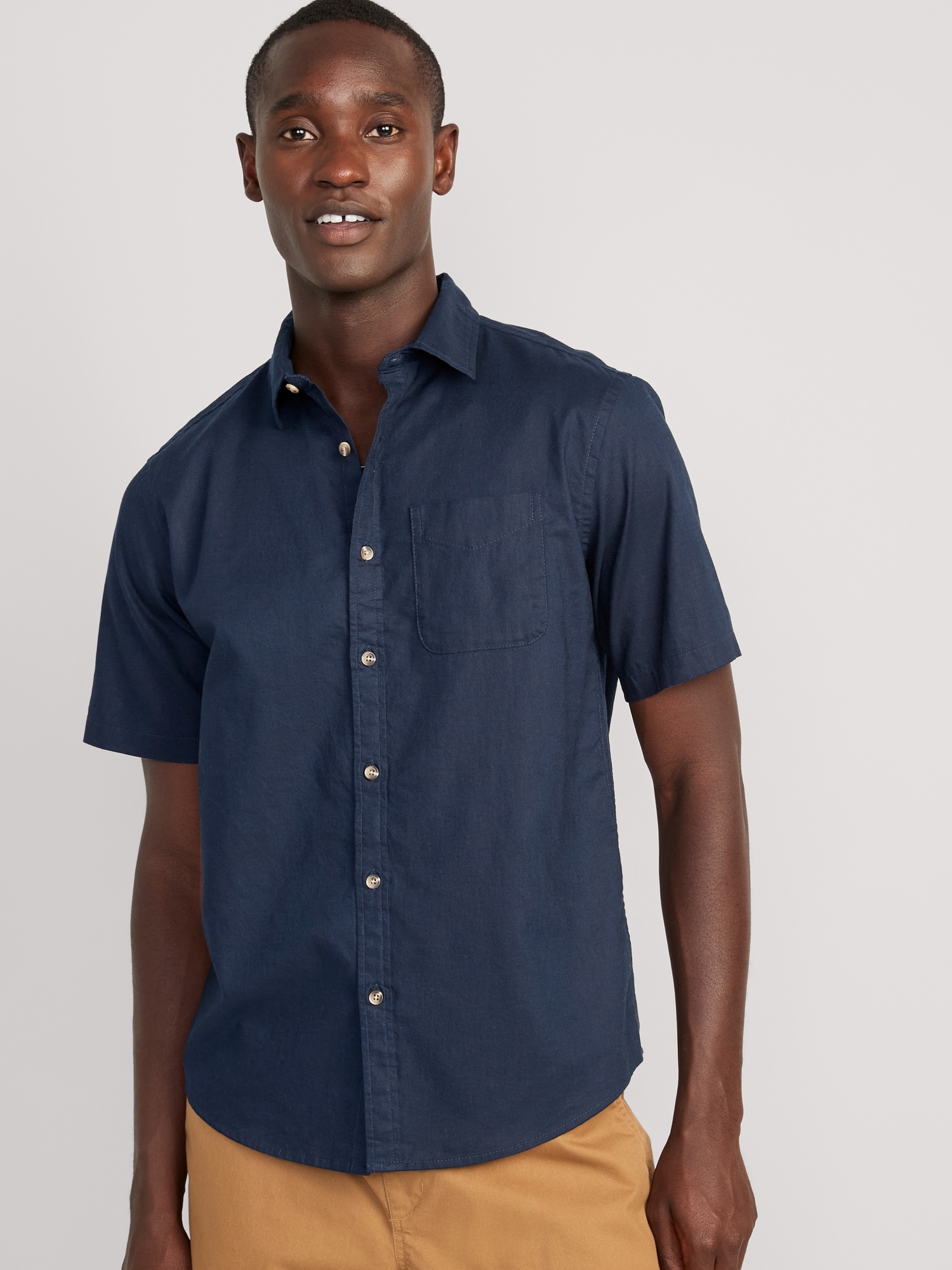 Old Navy Regular-Fit Everyday Non-Stretch Linen-Blend Shirt blue. 1
