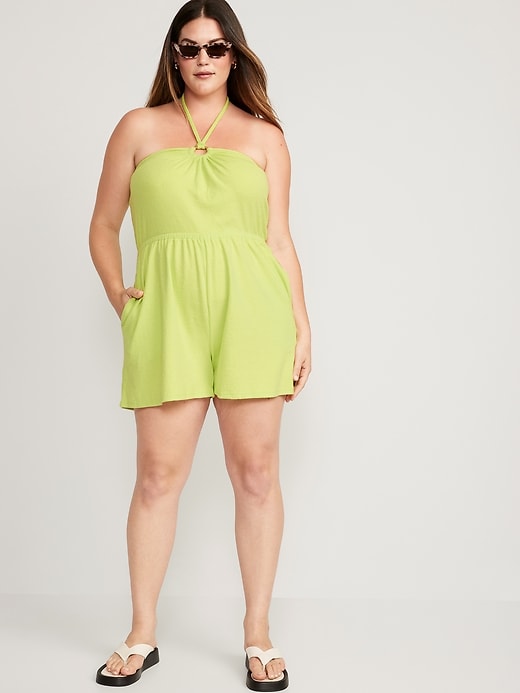 Image number 7 showing, Textured O-Ring Halter Romper -- 3.5-inch inseam