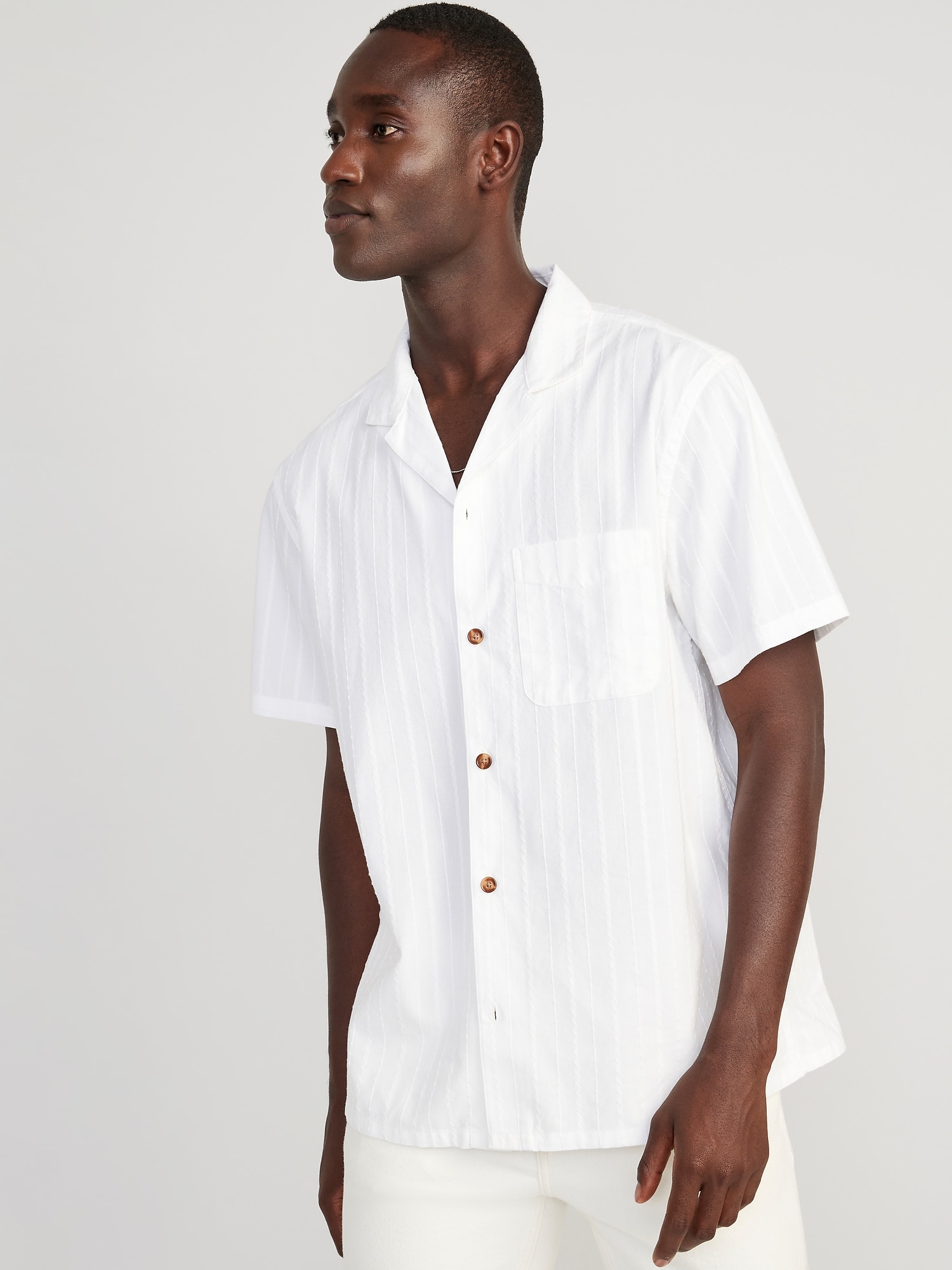 Old Navy Short-Sleeve Textured-Dobby Camp Shirt for Men white. 1