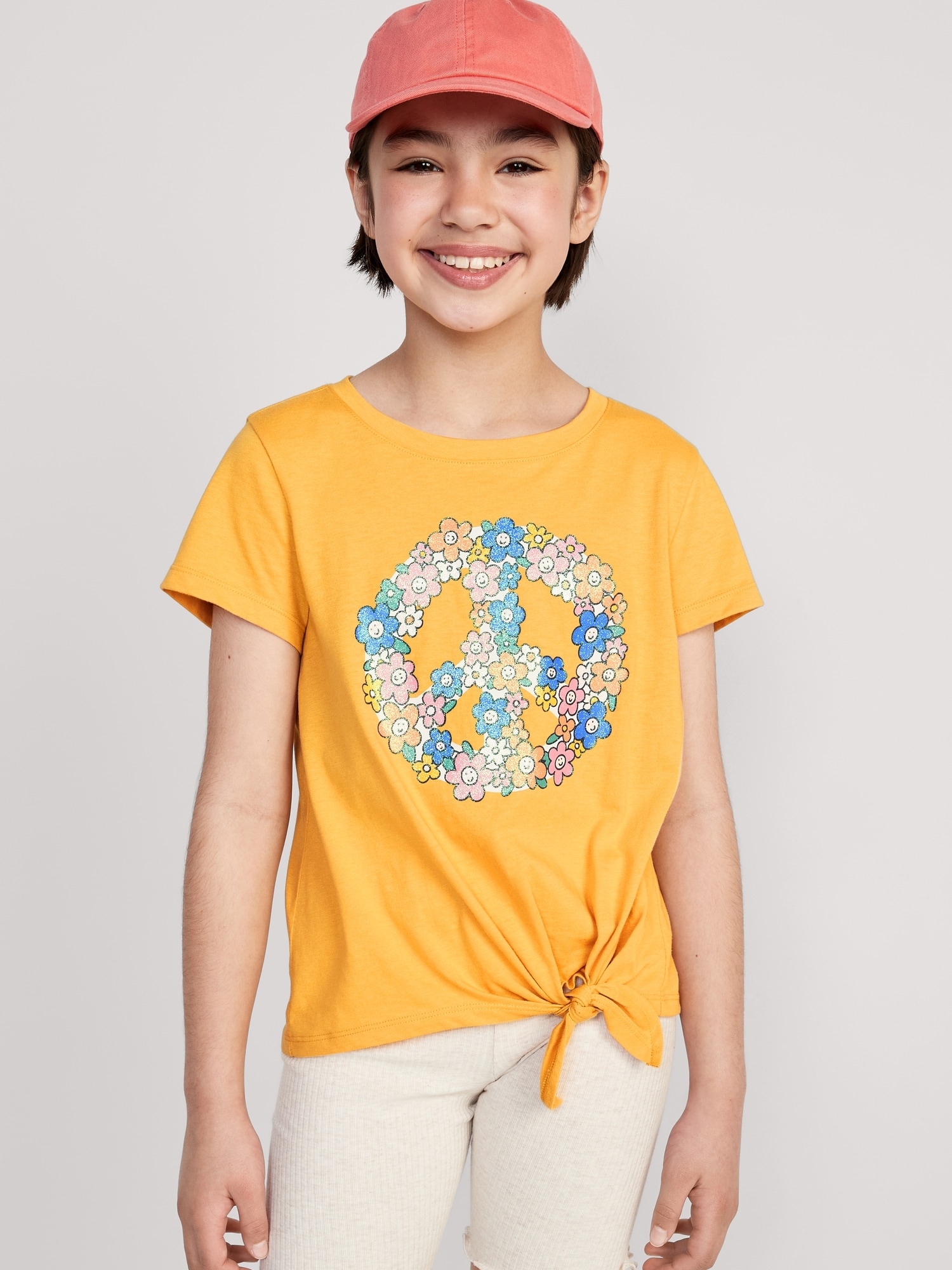 Old Navy Short-Sleeve Graphic Front Tie-Knot T-Shirt for Girls yellow. 1