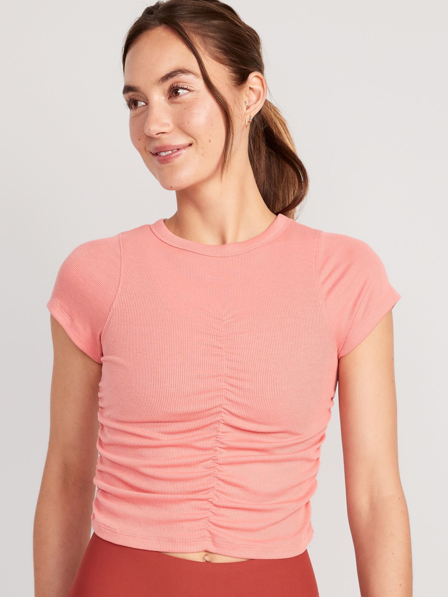 Old Navy UltraLite Rib-Knit Ruched T-Shirt for Women pink. 1
