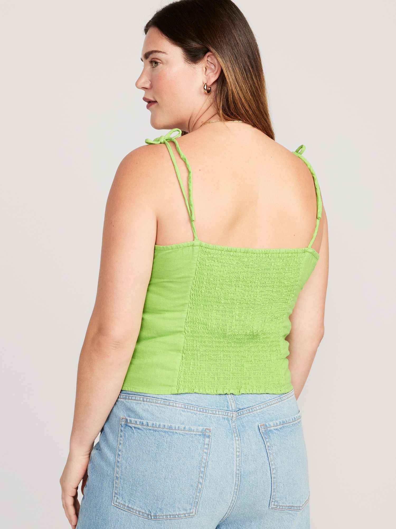 Fitted Linen-Blend Tie-Shoulder Cropped Corset Cami Top