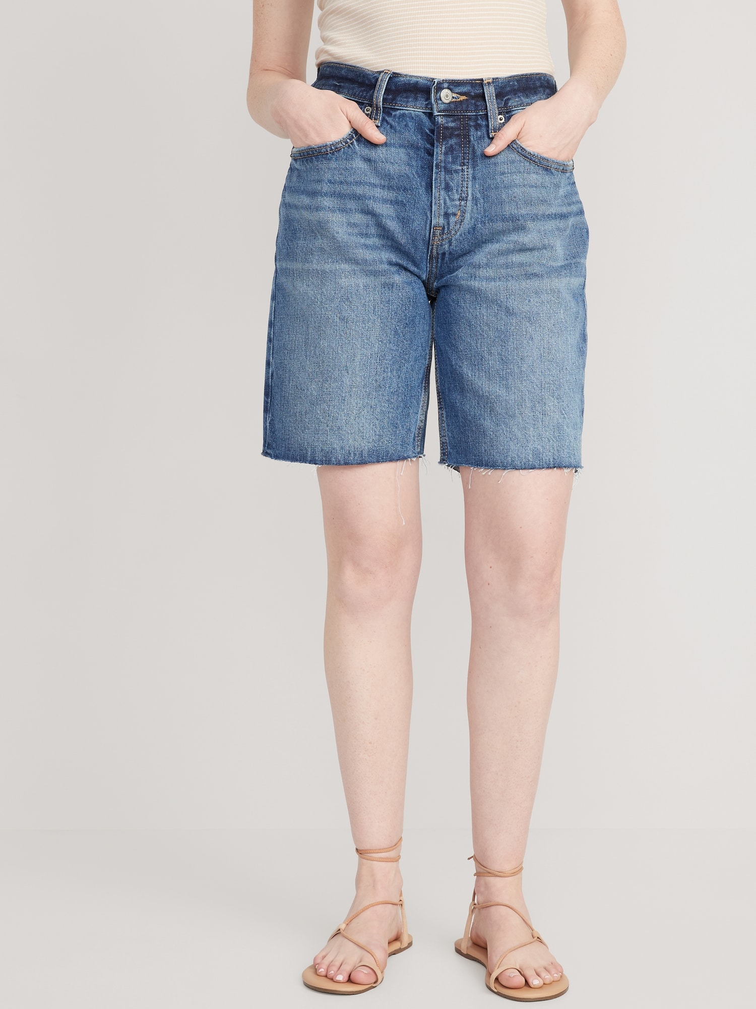 Old Navy High-Waisted Slouchy Button-Fly Cut-Off Jean Shorts for Women -- 9-inch inseam blue. 1