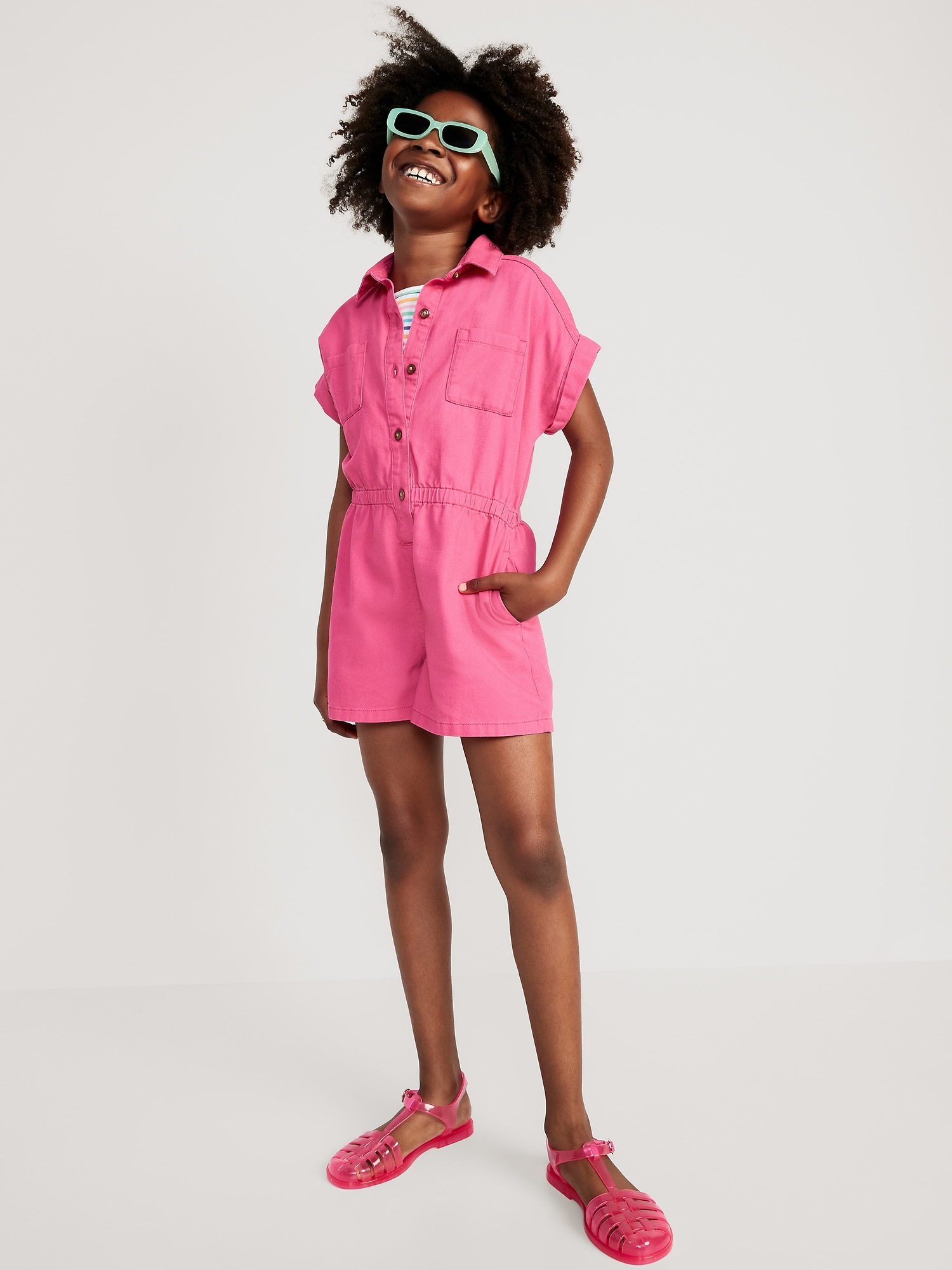 Old Navy Short-Sleeve Cinched-Waist Twill Utility Romper for Girls pink. 1