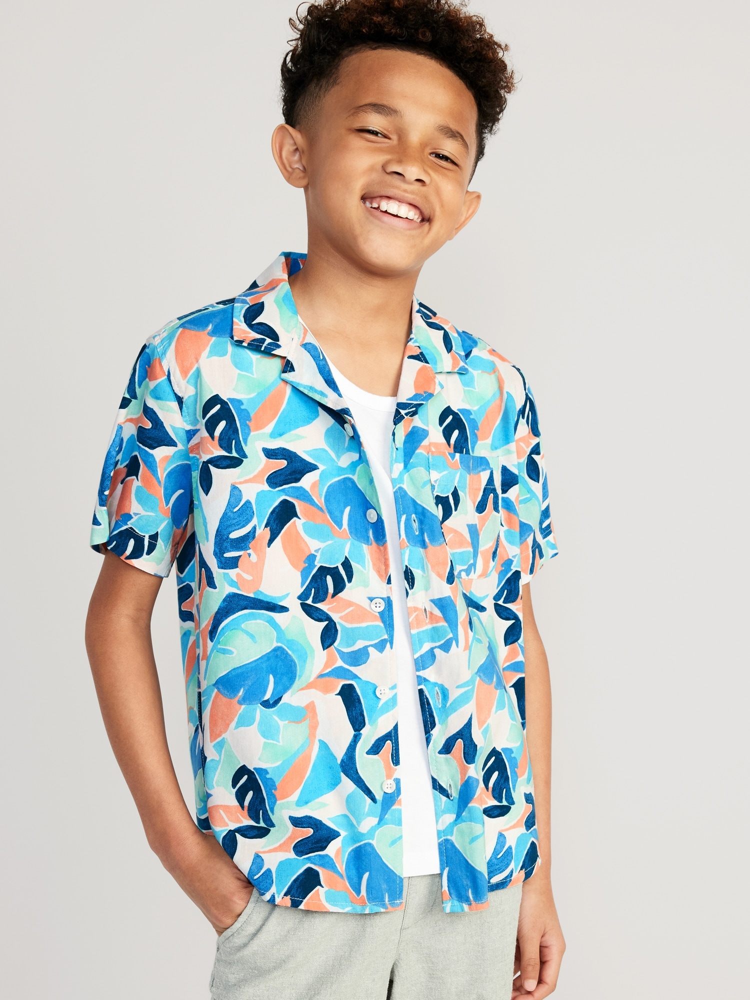 Old Navy Short-Sleeve Printed Camp Shirt for Boys blue. 1