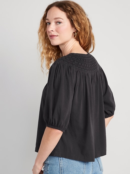 Puff-Sleeve Tie-Front Embroidered Swing Top for Women | Old Navy