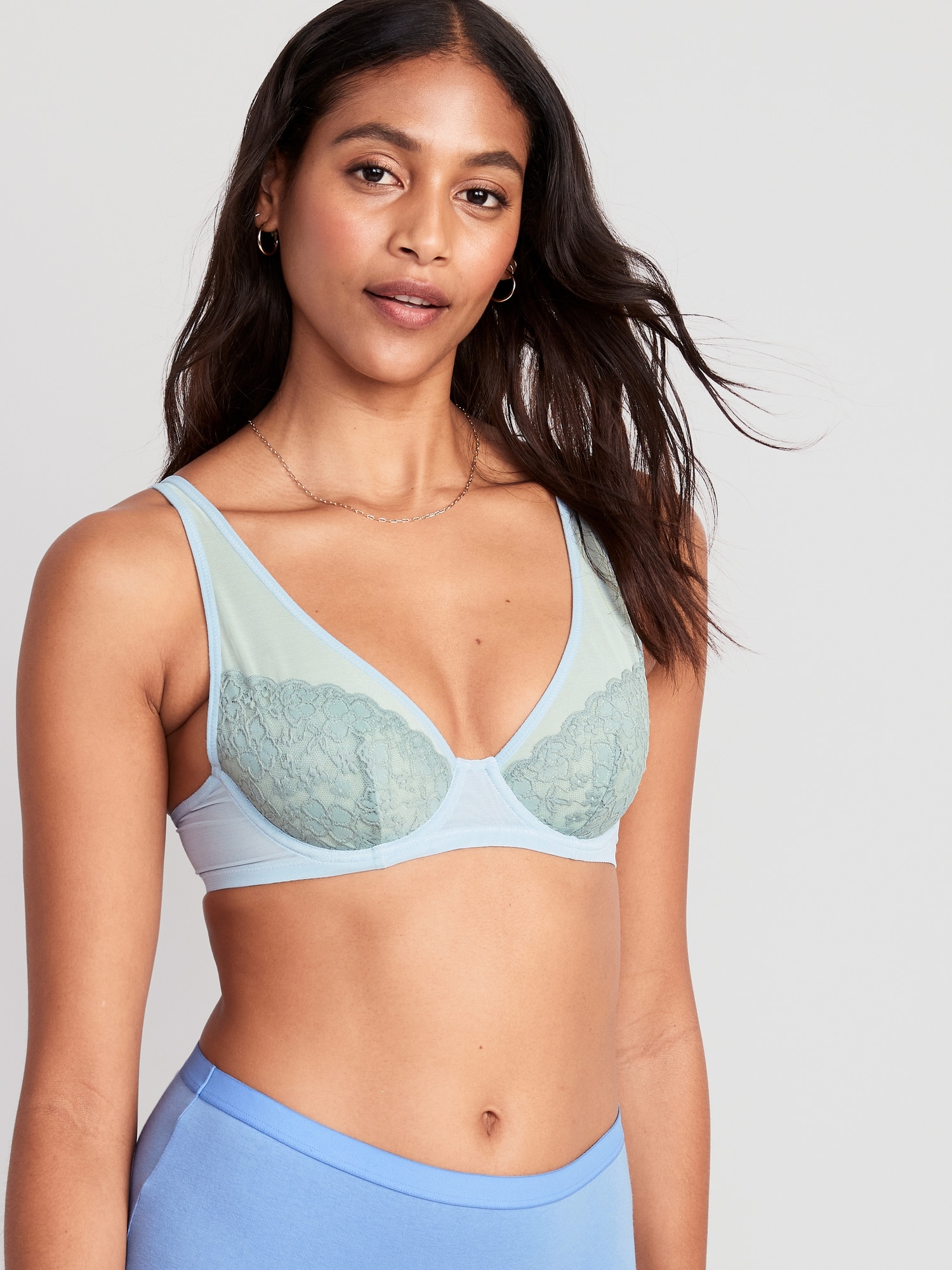 Old Navy Lace-Paneled Mesh Underwire Plunge Bra for Women blue. 1