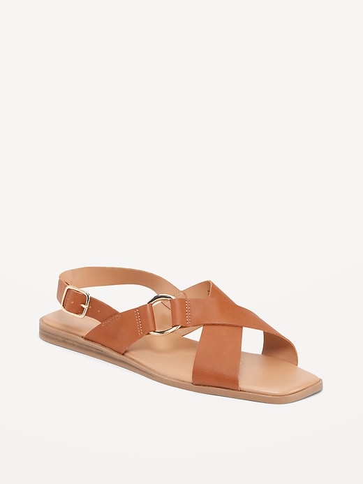 View large product image 1 of 1. Faux-Leather Cross-Strap Buckled Sandals