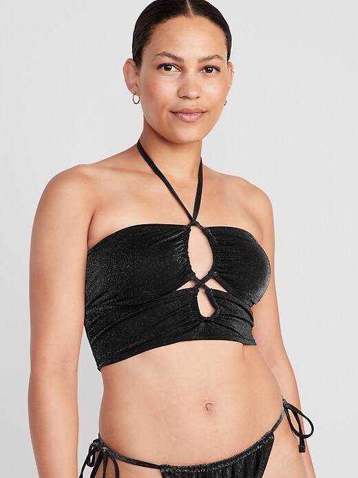 Image number 5 showing, Longline Metallic Shine Halter Cutout Bikini Swim Top