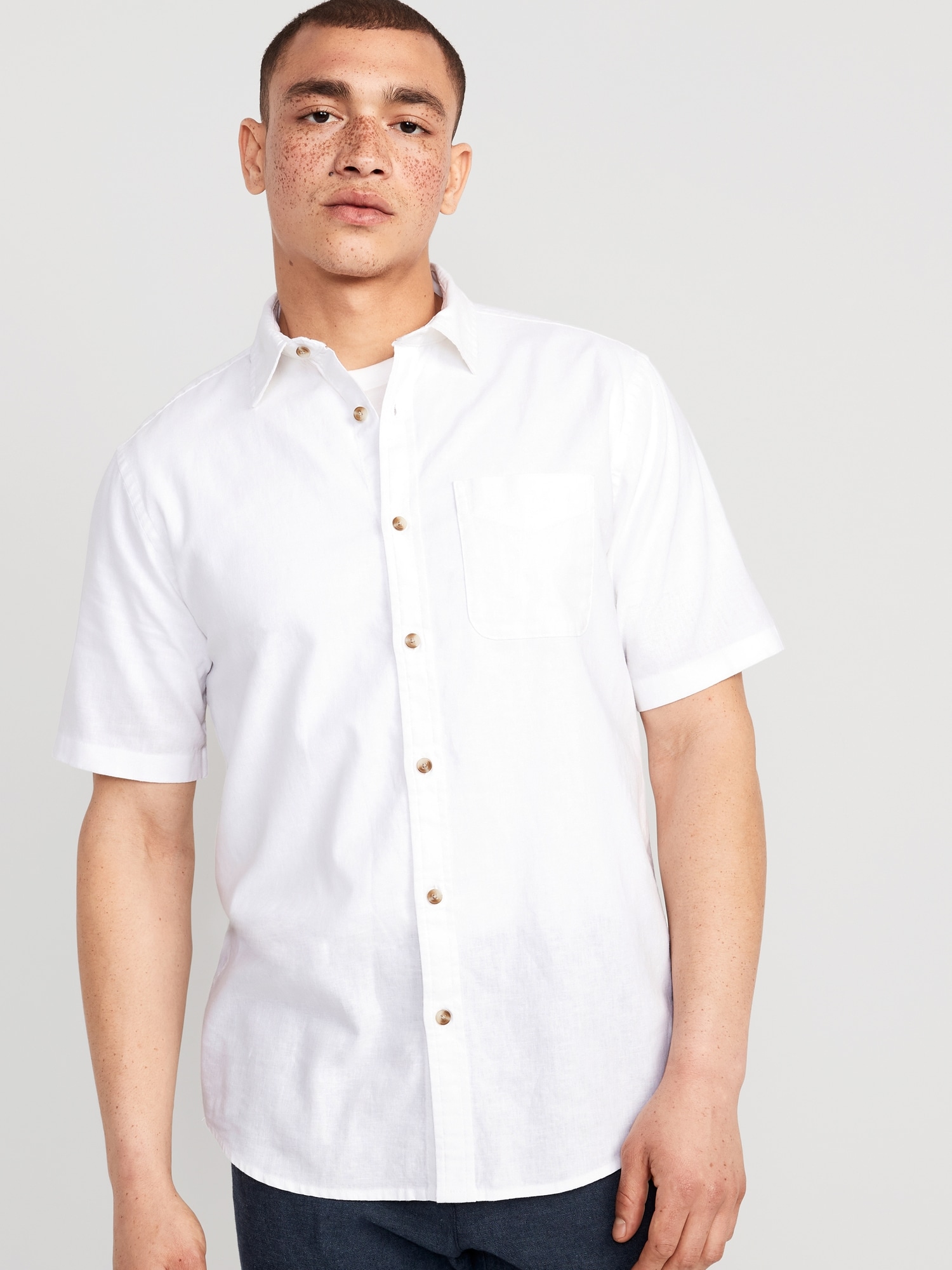 Old Navy Regular-Fit Everyday Non-Stretch Linen-Blend Shirt for Men white. 1