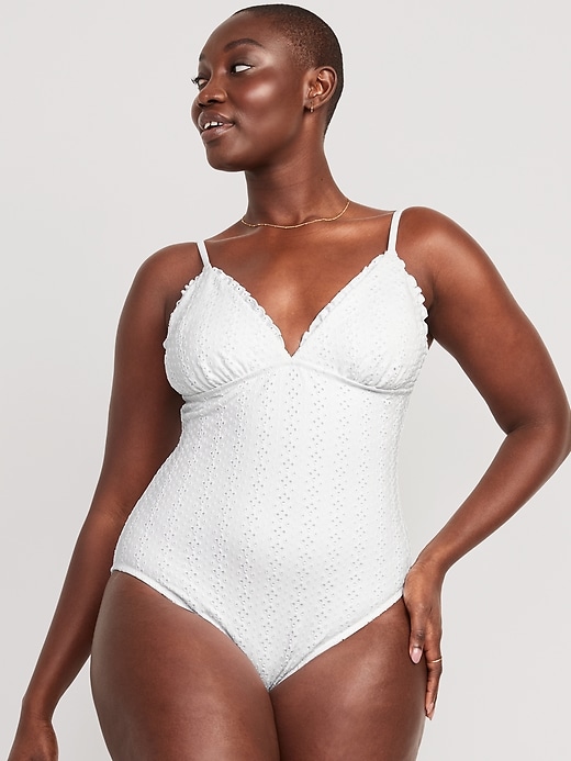 Image number 5 showing, Eyelet-Embroidered V-Neck Ruffle-Trimmed One-Piece Swimsuit