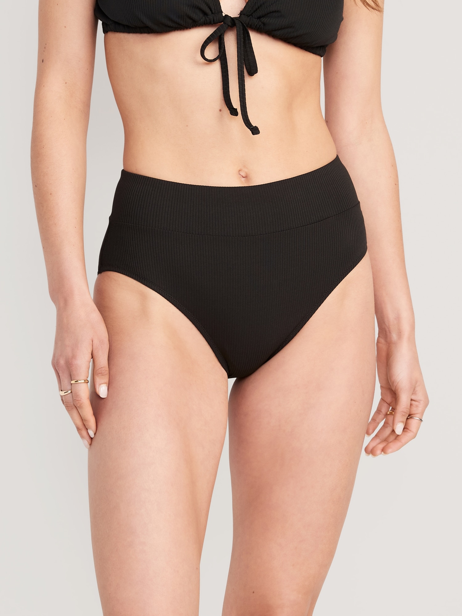 Old Navy High-Waisted Banded Rib-Knit Bikini Swim Bottoms for Women black. 1