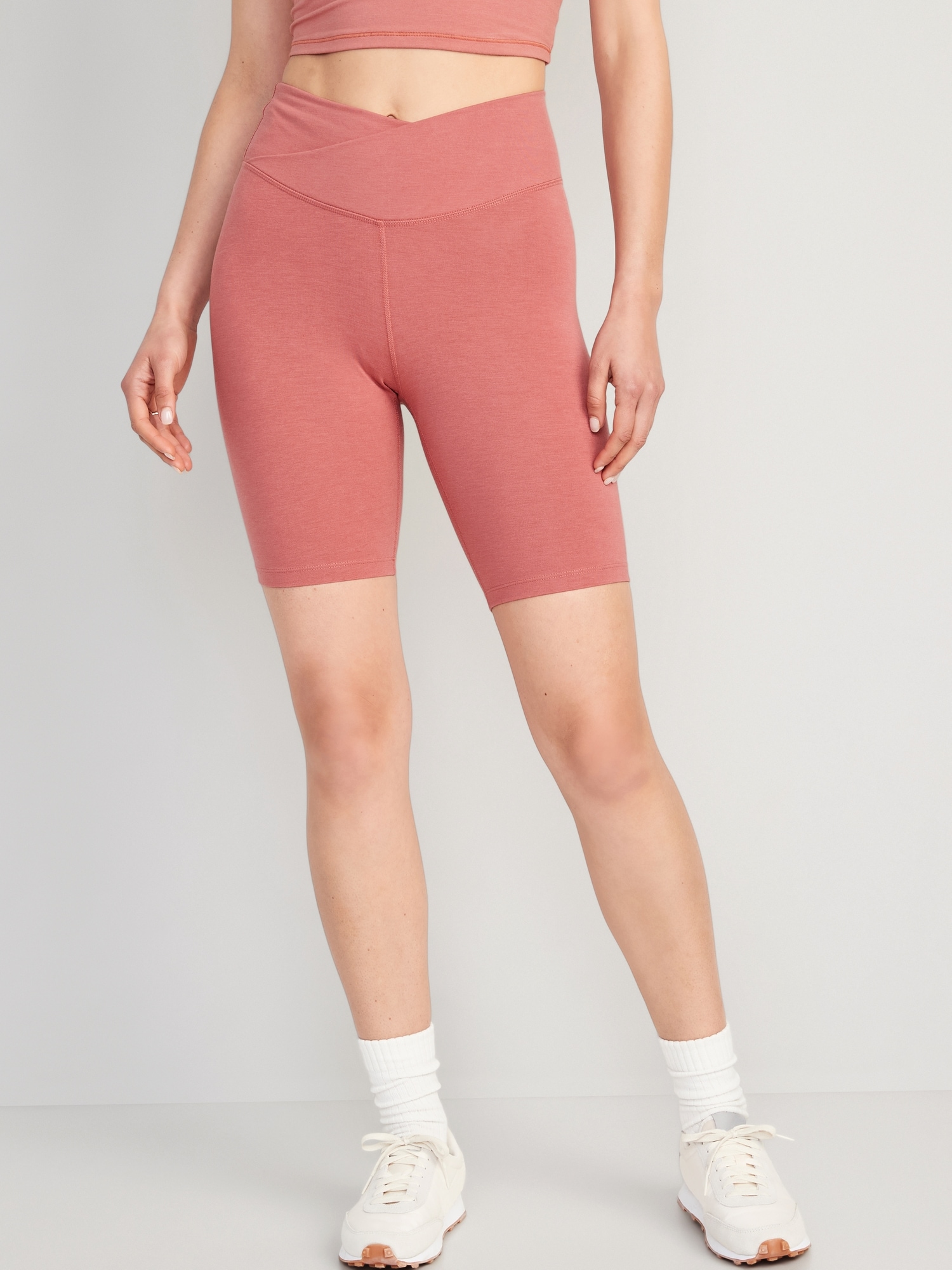 Old Navy Extra High-Waisted PowerChill Crossover Hidden-Pocket Biker Shorts for Women -- 8-inch inseam pink. 1