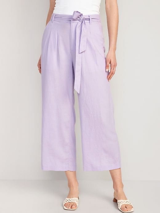 Image number 1 showing, High-Waisted Linen-Blend Cropped Wide-Leg Pants