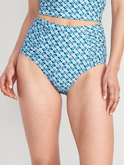 Image number 1 showing, High-Waisted Printed Ruched Bikini Swim Bottoms